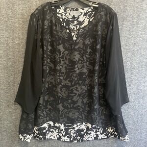 JM Collection Top Womens XXL Black White Floral Sheer‎ Overlay Popover Mature